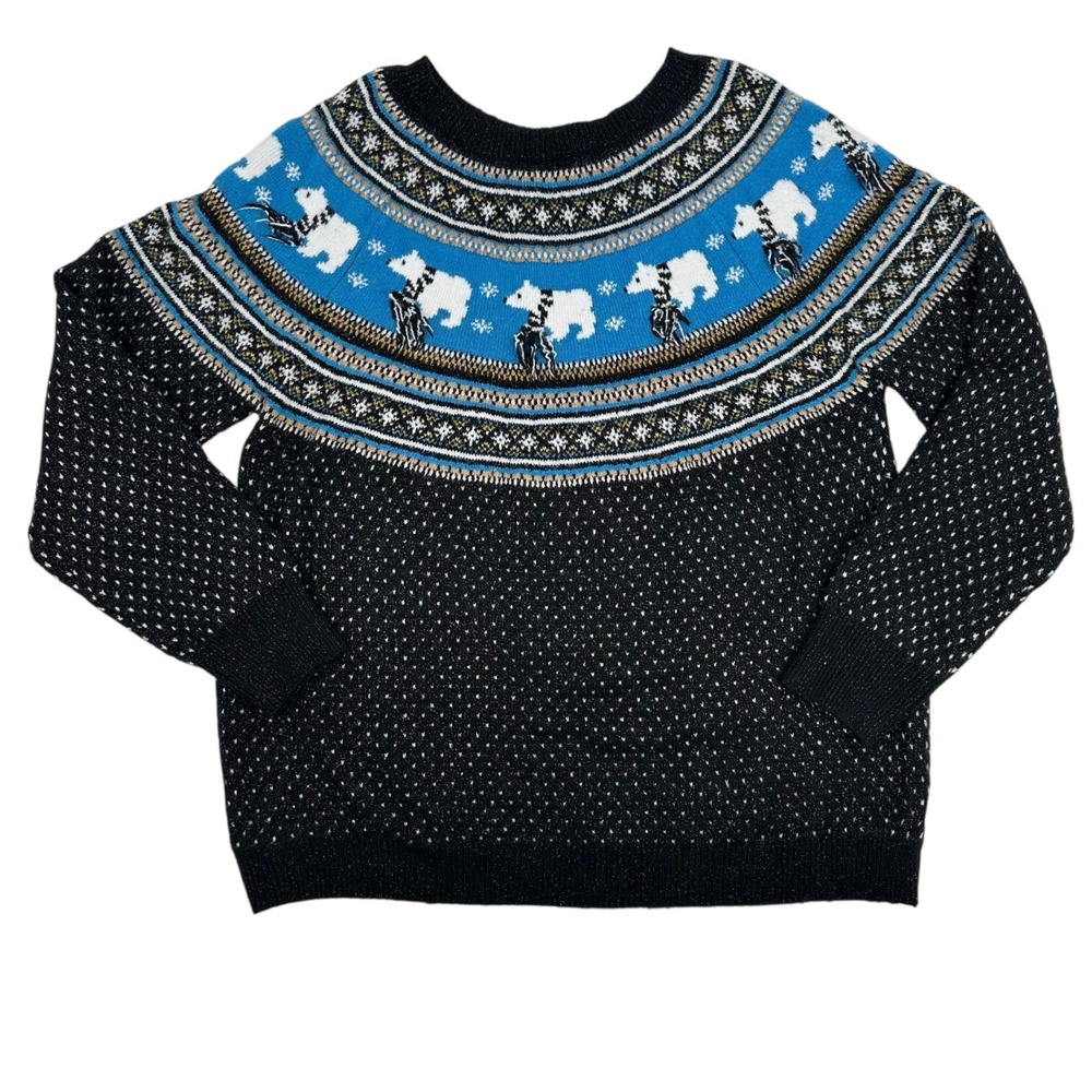 Holiday Time Sparkly Sweater Sz 1X Fair‎ Isle Polar Bear Black Blue Lurex Thread